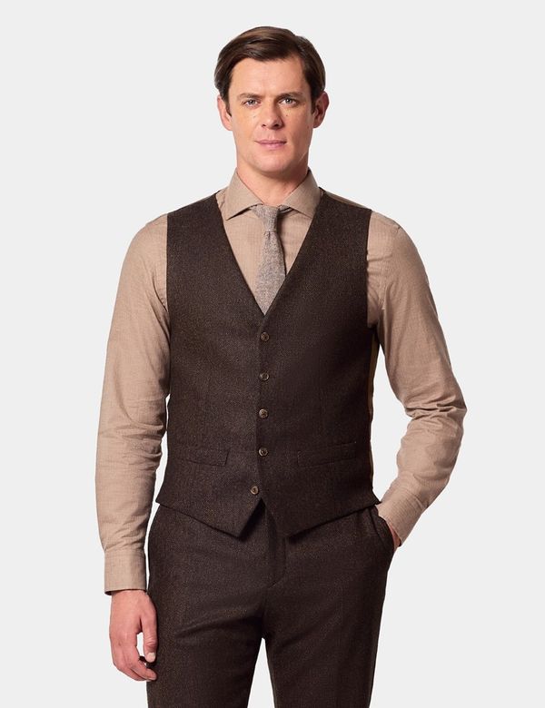 Men's Slim Fit Brown Herringbone 1913 Suit Vest| Hawes Curtis - Main Image