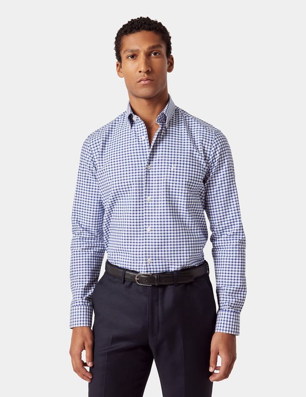 Regular Fit Royal Blue & White Grid Check Pin Point Washed Oxford Shirt
