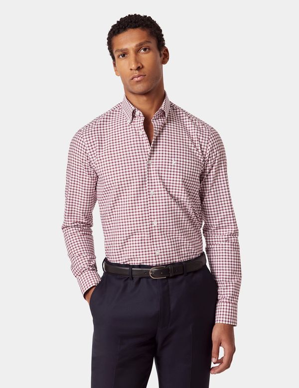 Regular Fit Burgundy & White Grid Check Pin Point Washed Oxford Shirt