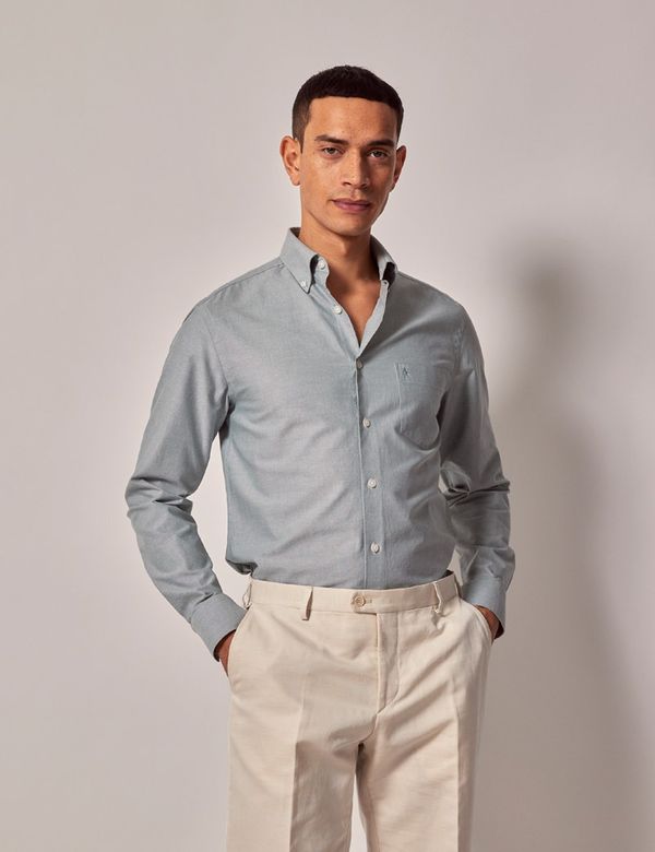 Men's Green Washed Oxford Shirt - Button Down Collar | Hawes