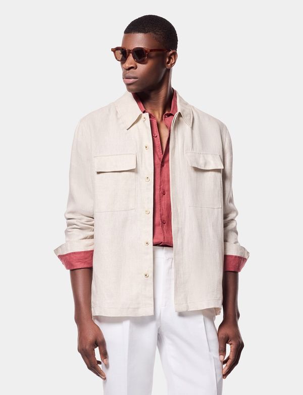 Men's Beige Linen Overshirt | Hawes & Curtis
