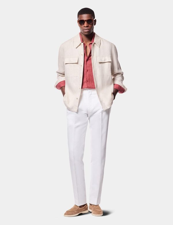Men's Beige Linen Overshirt | Hawes & Curtis