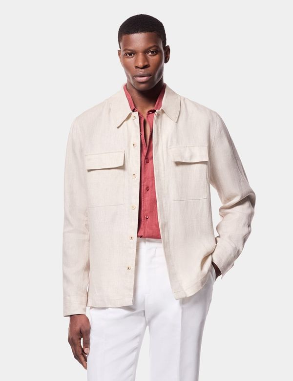 Men's Beige Linen Overshirt | Hawes & Curtis