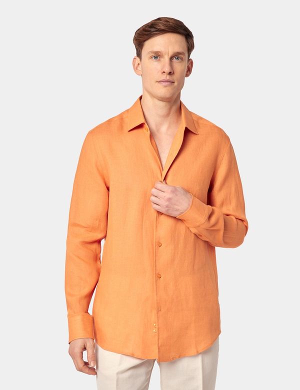 【THE MOZZ】[Premium] True Shirt Linen One Piece Men's Orange Pure Linen Slim Shirt - One Piece Collar - Full