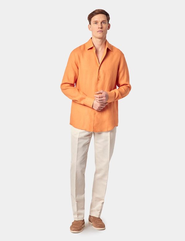 Men's Orange Pure Linen Slim Shirt - One Piece Collar - Full
