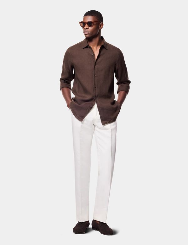 Men's Slim Fit Chocolate Brown Extra-Fine Linen Shirt | Hawes & Curtis
