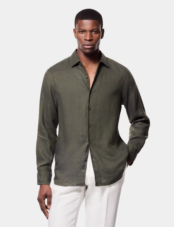 Slim Fit Dark Green Linen Shirt