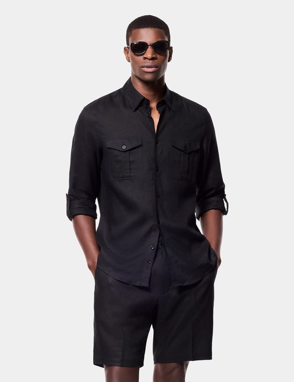 Slim Fit Black Linen Safari Shirt