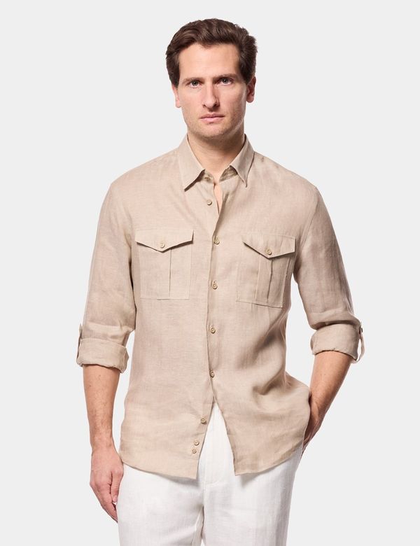 Slim Fit Taupe Linen Safari Shirt