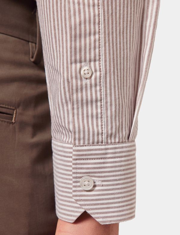Hawes & Curtis Regular Fit White & Brown Stripe Washed Oxford Shirt | White/Brown | Cotton | Striped | Men's