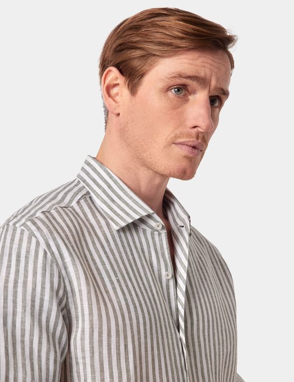 Men's Khaki & White Stripe Pure Linen Slim Shirt - One Piece