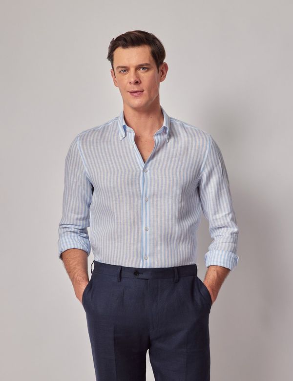 Slim Fit Blue & White Stripe Linen Shirt