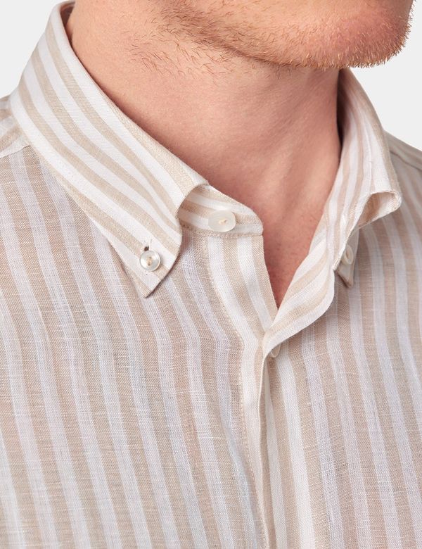 Men's Beige & White Stripe Pure Linen Slim Shirt  Button Down Collar |  Hawes & Curtis