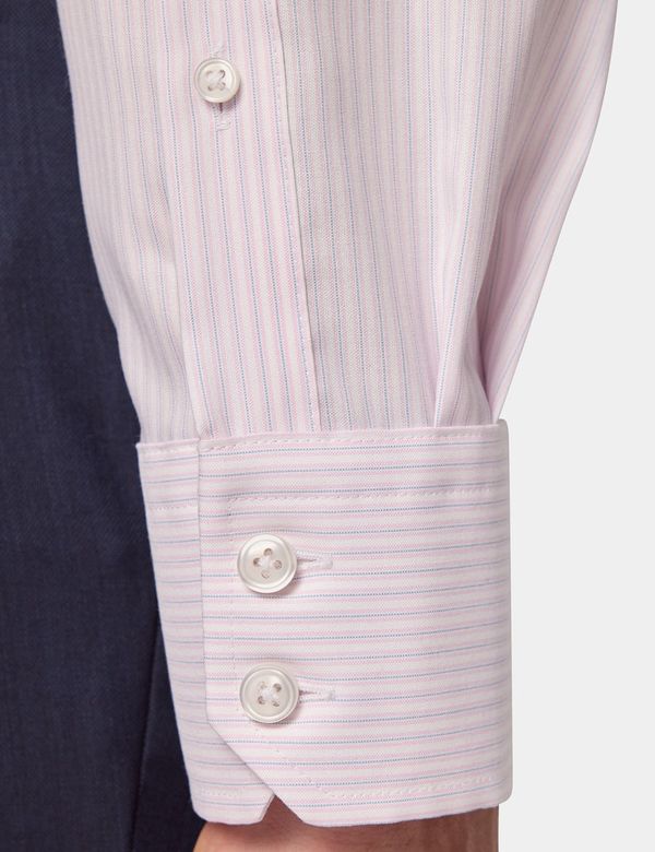 Men's Non-Iron Pink & Blue Multi Stripe Pin Point Oxford Shirt - Button Down Collar - Classic Fit | Hawes and Curtis Men's Non-Iron Pink & Blue Multi Stripe Pin Point Oxford Shirt - Button Down Collar - Classic Fit | Hawes and Curtis
