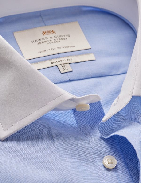 Blue End On End Plain Classic Fit Shirt With White Collar \u0026 Cuffs