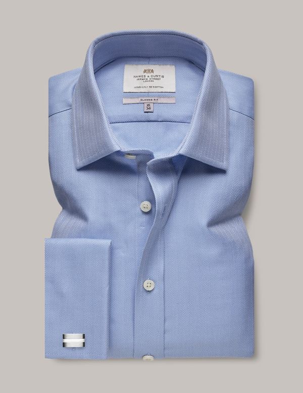 Men's Blue Herringbone Classic Shirt - Double Cuff