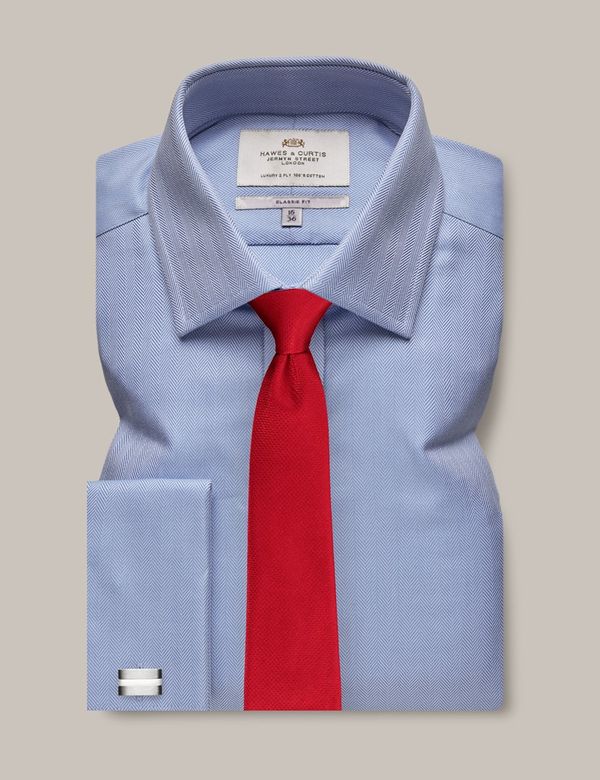Men's Blue Herringbone Classic Shirt - Double Cuff