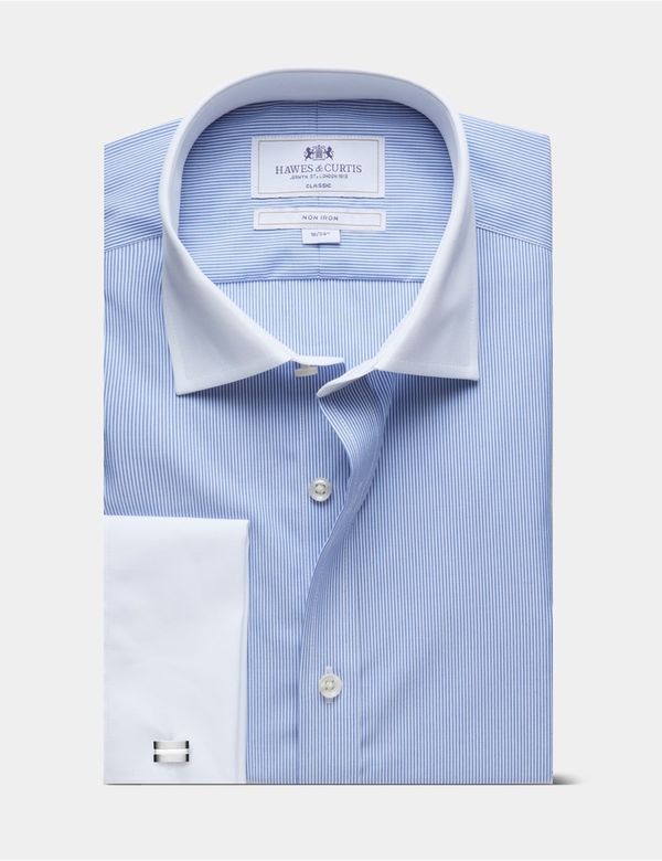 blue striped dress shirt white collar Men's Non-Iron & Stripe Classic With White & Double Cuff for a professional feel
