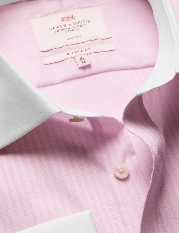 Classic Fit Pink Herringbone Stripe Non-Iron Shirt - Contrast Detail