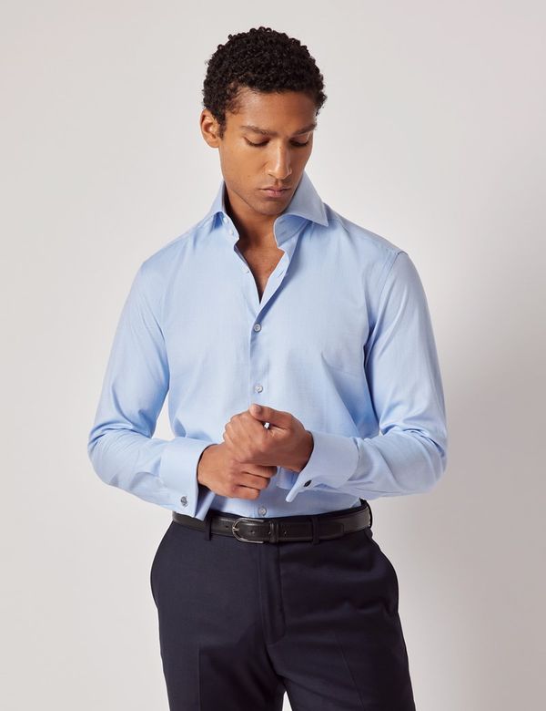 Blue Twill Slim Shirt - High Collar - Double Cuff